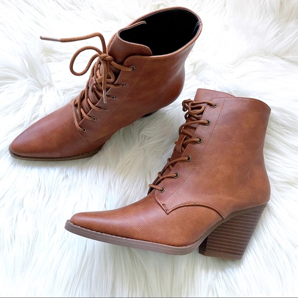 Lace up ankle booties boots camel brown leather heeled heels - Picture 10 of 11